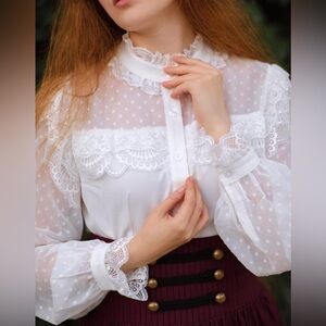 Women's Victorian Lace Tops Polka Dot Button Down Long Sleeve Shirt